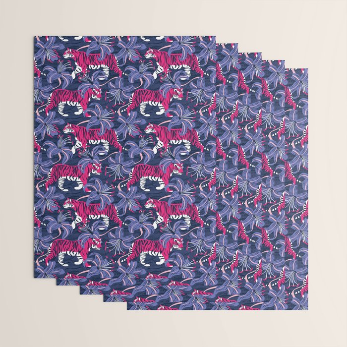 Tigers in a tiger lily garden // textured navy blue background fuchsia pink wild animals very peri flowers Wrapping Paper Gallery Image 3