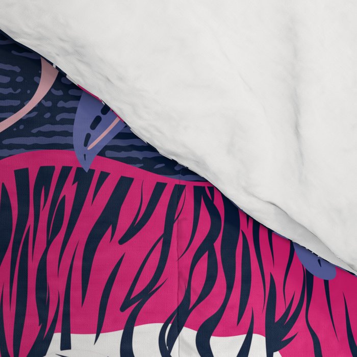 Tigers in a tiger lily garden // textured navy blue background fuchsia pink wild animals very peri flowers Comforter Gallery Image 4