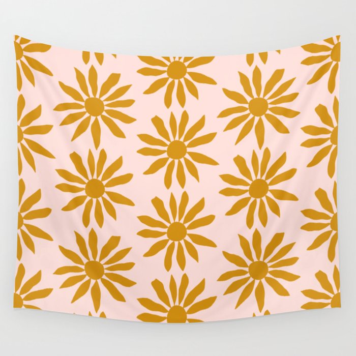 Gold Flowers on Pink Background - Pattern Wall Tapestry Gallery Image 1