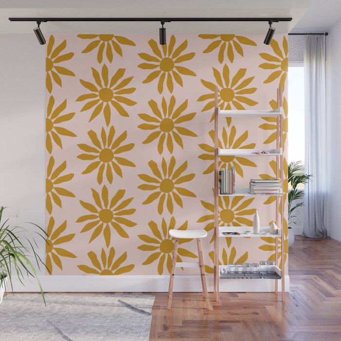 Gold Flowers on Pink Background - Pattern Wall Mural Gallery Image 1