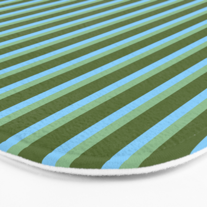 Light Sky Blue, Dark Sea Green, and Dark Olive Green Colored Striped Pattern Bath Mat Gallery Image 3