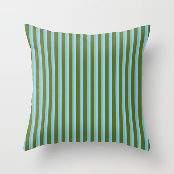 Light Sky Blue, Dark Sea Green, and Dark Olive Green Colored Striped Pattern Throw Pillow Gallery Image 6