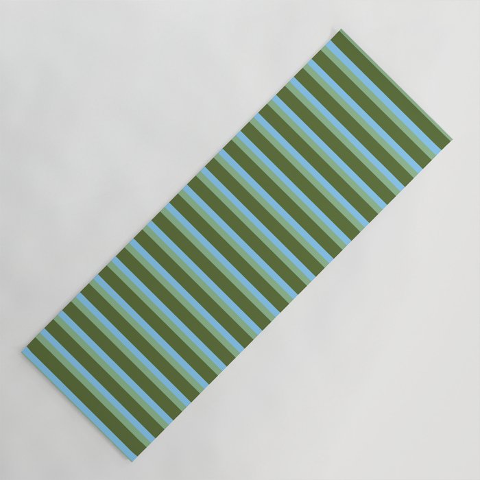 Light Sky Blue, Dark Sea Green, and Dark Olive Green Colored Striped Pattern Yoga Mat Gallery Image 1