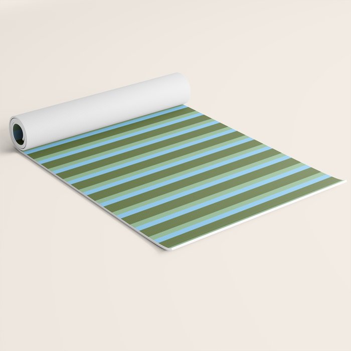 Light Sky Blue, Dark Sea Green, and Dark Olive Green Colored Striped Pattern Yoga Mat Gallery Image 2