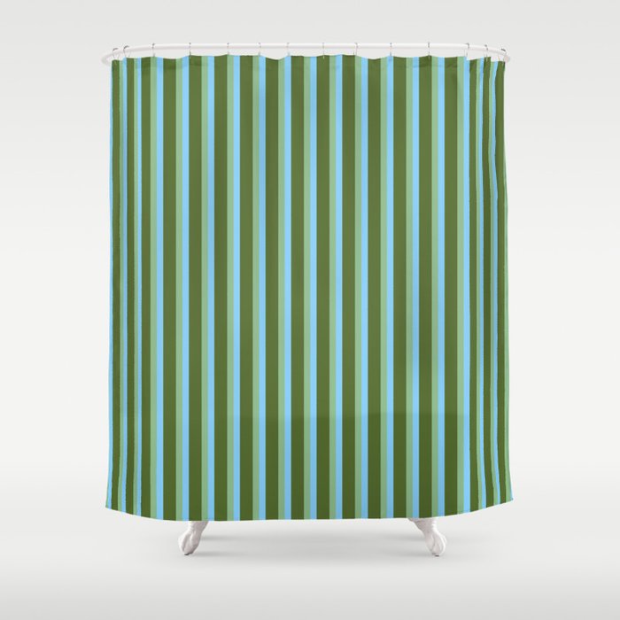 Light Sky Blue, Dark Sea Green, and Dark Olive Green Colored Striped Pattern Shower Curtain Gallery Image 1