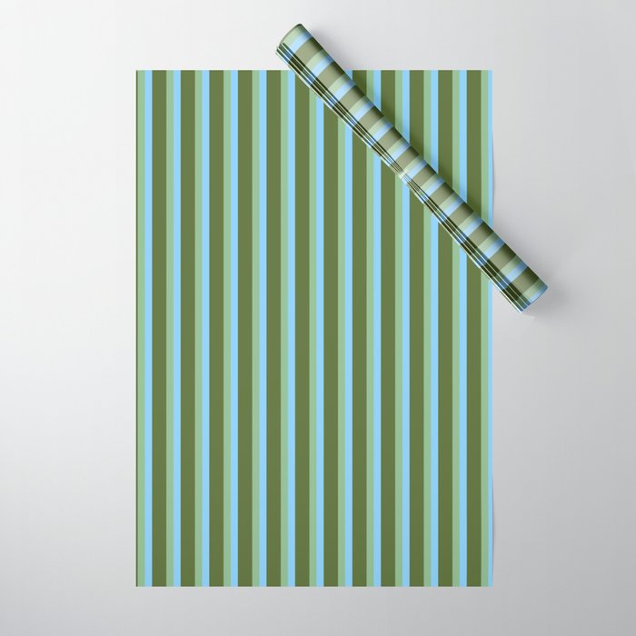 Light Sky Blue, Dark Sea Green, and Dark Olive Green Colored Striped Pattern Wrapping Paper Gallery Image 1