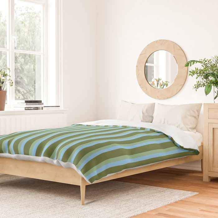 Light Sky Blue, Dark Sea Green, and Dark Olive Green Colored Striped Pattern Duvet Cover Gallery Image 2
