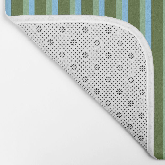 Light Sky Blue, Dark Sea Green, and Dark Olive Green Colored Striped Pattern Bath Mat Gallery Image 2