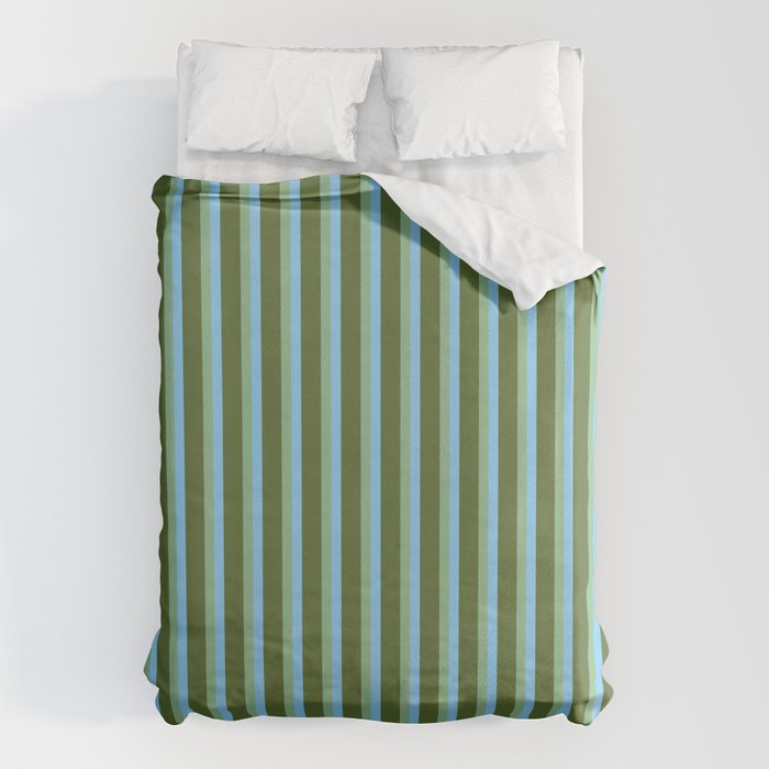 Light Sky Blue, Dark Sea Green, and Dark Olive Green Colored Striped Pattern Duvet Cover Gallery Image 6