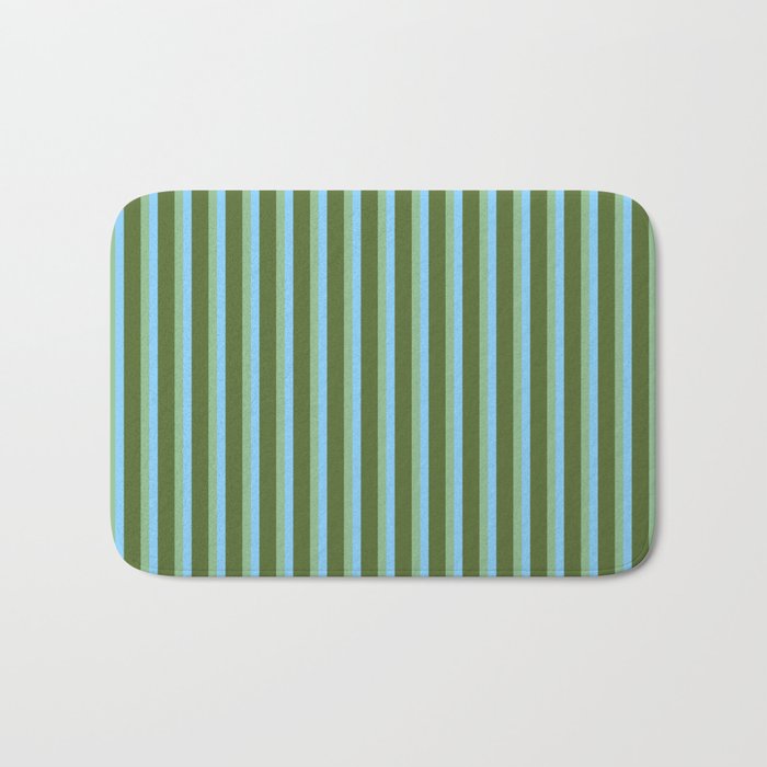 Light Sky Blue, Dark Sea Green, and Dark Olive Green Colored Striped Pattern Bath Mat Gallery Image 1