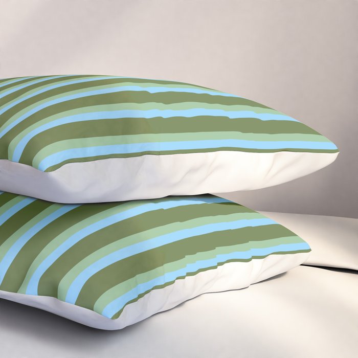 Light Sky Blue, Dark Sea Green, and Dark Olive Green Colored Striped Pattern Pillow Sham Gallery Image 3