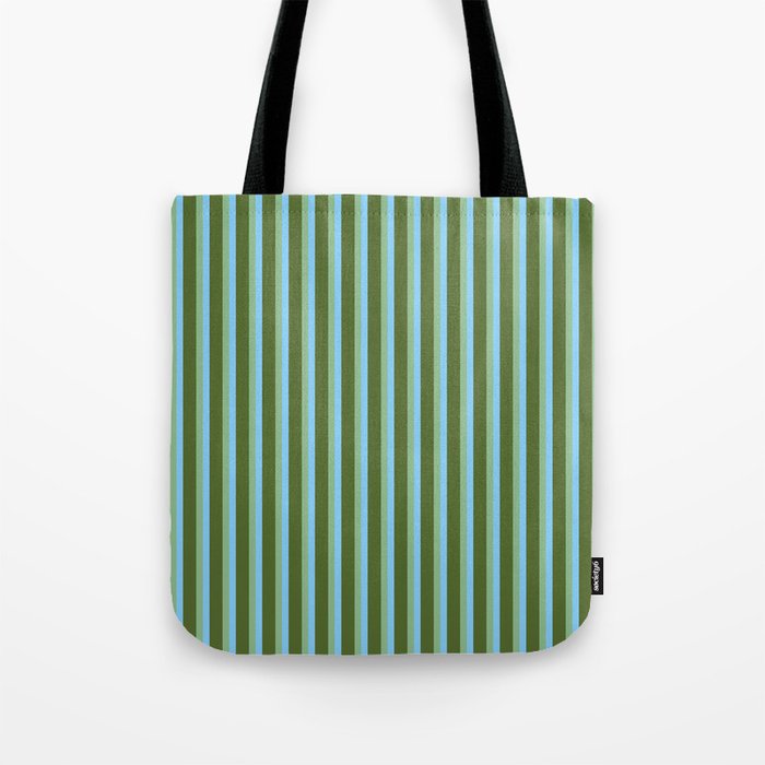 Light Sky Blue, Dark Sea Green, and Dark Olive Green Colored Striped Pattern Tote Bag Gallery Image 1