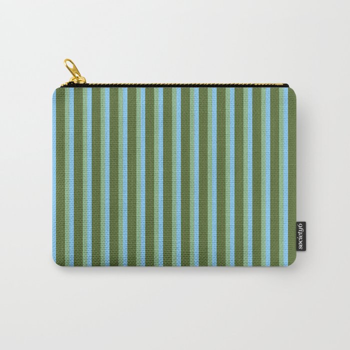 Light Sky Blue, Dark Sea Green, and Dark Olive Green Colored Striped Pattern Carry All Pouch Gallery Image 1