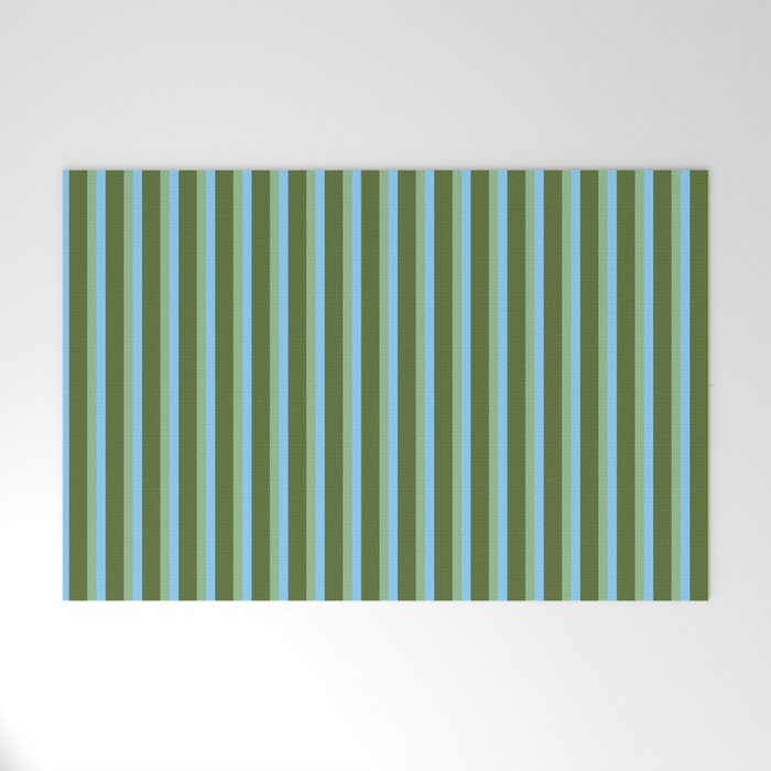 Light Sky Blue, Dark Sea Green, and Dark Olive Green Colored Striped Pattern Welcome Mat Gallery Image 1