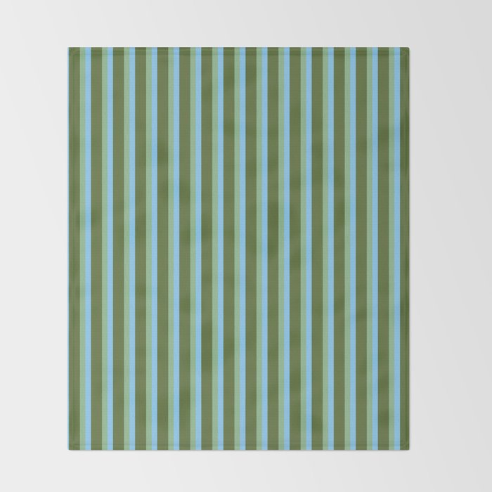 Light Sky Blue, Dark Sea Green, and Dark Olive Green Colored Striped Pattern Throw Blanket Gallery Image 2