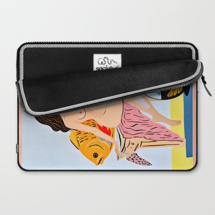 Fishy Shananigans, Eclectic Nude Woman Fish Wine Illustration, Quirky Whimsical Drinking Alcohol, Modern Bohemian Binging Weekend Painting Laptop Sleeve Gallery Image 2