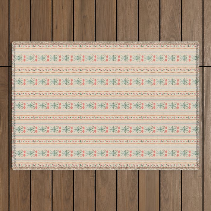 Vintage rose flower bouquet stripe art pattern Outdoor Rug Gallery Image 1