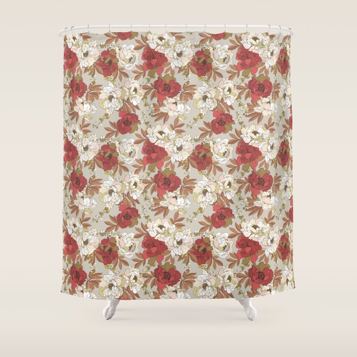 pattern lush red, beige and white peonies Shower Curtain Gallery Image 1