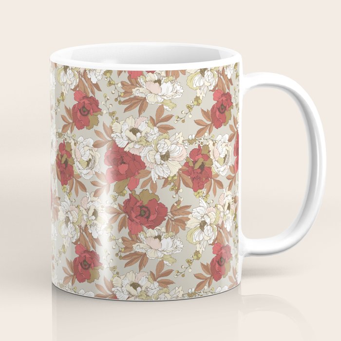 pattern lush red, beige and white peonies Coffee Mug Gallery Image 1