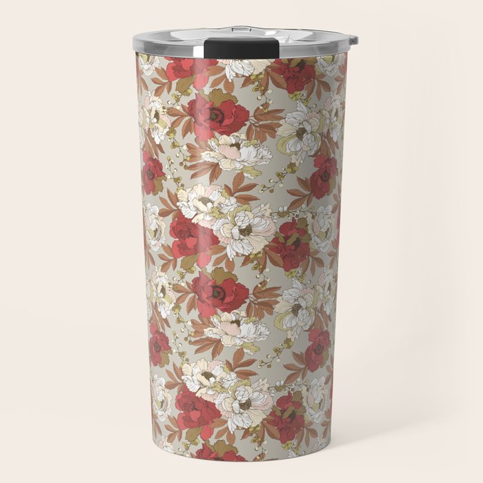 pattern lush red, beige and white peonies Travel Mug Gallery Image 1