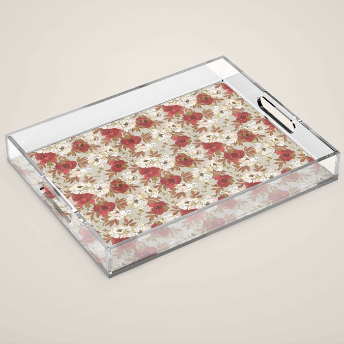 pattern lush red, beige and white peonies Acrylic Tray Gallery Image 1