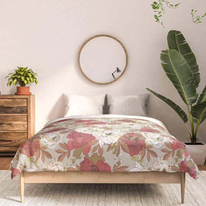 pattern lush red, beige and white peonies Comforter Gallery Image 3