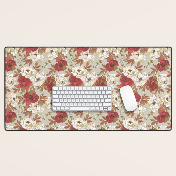 pattern lush red, beige and white peonies Desk Mat Gallery Image 1