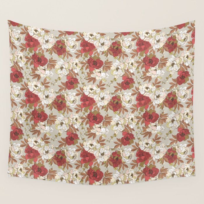 pattern lush red, beige and white peonies Wall Tapestry Gallery Image 1