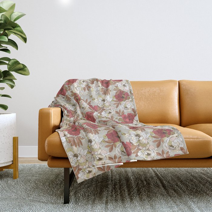 pattern lush red, beige and white peonies Throw Blanket Gallery Image 1
