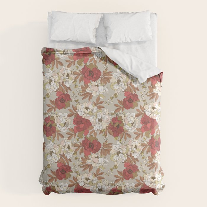 pattern lush red, beige and white peonies Duvet Cover Gallery Image 6
