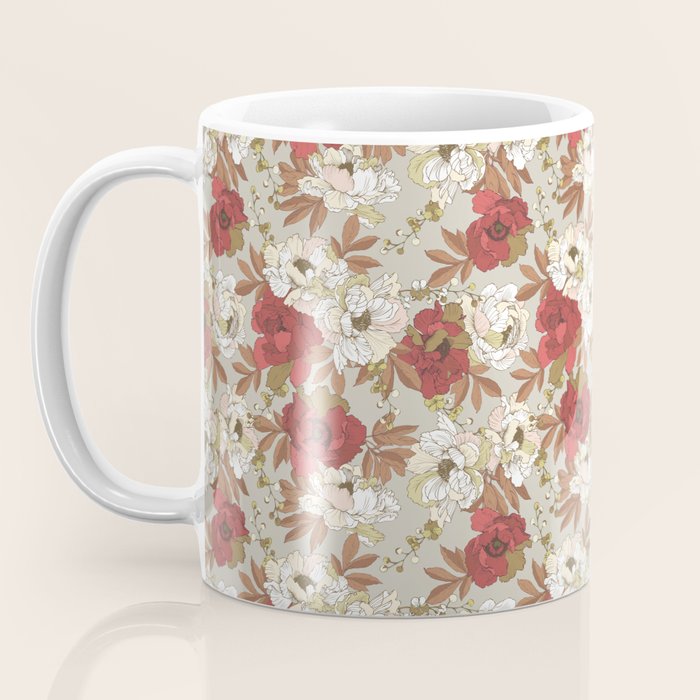 pattern lush red, beige and white peonies Coffee Mug Gallery Image 3
