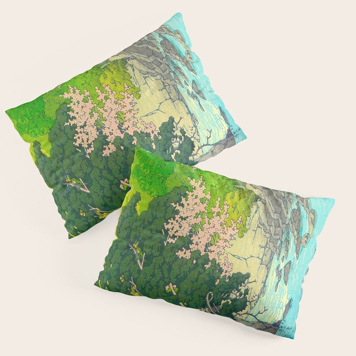 Vintage Japanese Woodblock Print Beautiful Water Creek Grey Rocks Green Trees Pillow Sham Gallery Image 3