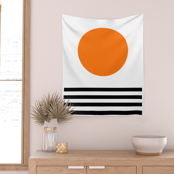 Orange Zen Sunset Minimalist Art Black Stripes Simple Art Wall Tapestry Gallery Image 2