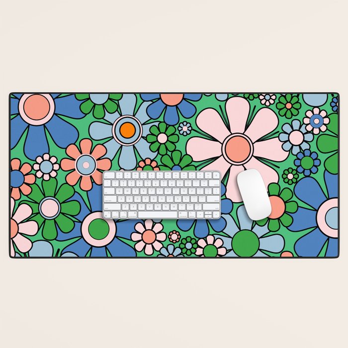 Retro Garden Flowers 60s 70s Floral Pattern in Bright Green Blue Pink Desk Mat Gallery Image 1