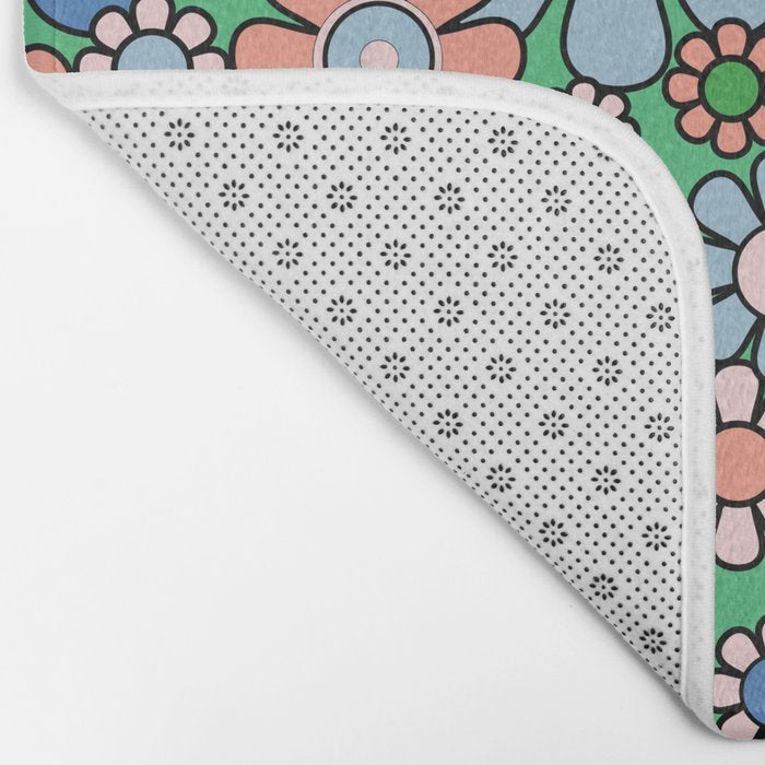 Retro Garden Flowers 60s 70s Floral Pattern in Bright Green Blue Pink Bath Mat Gallery Image 2