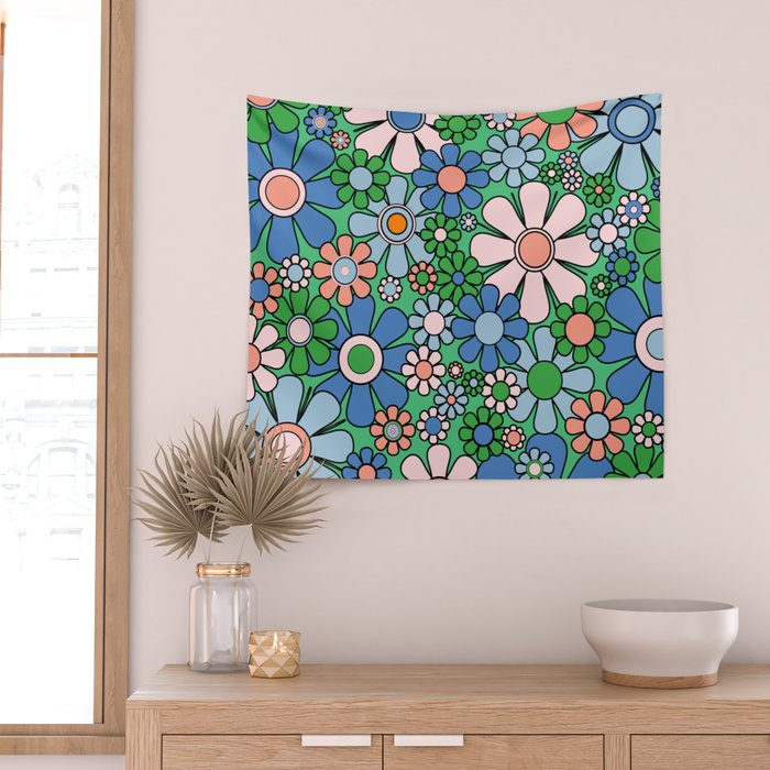 Retro Garden Flowers 60s 70s Floral Pattern in Bright Green Blue Pink Wall Tapestry Gallery Image 2