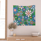 Retro Garden Flowers 60s 70s Floral Pattern in Bright Green Blue Pink Wall Tapestry Gallery Image 2