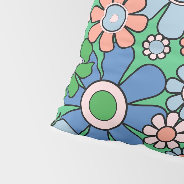 Retro Garden Flowers 60s 70s Floral Pattern in Bright Green Blue Pink Pillow Sham Gallery Image 4