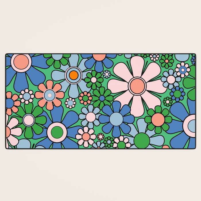 Retro Garden Flowers 60s 70s Floral Pattern in Bright Green Blue Pink Desk Mat Gallery Image 3