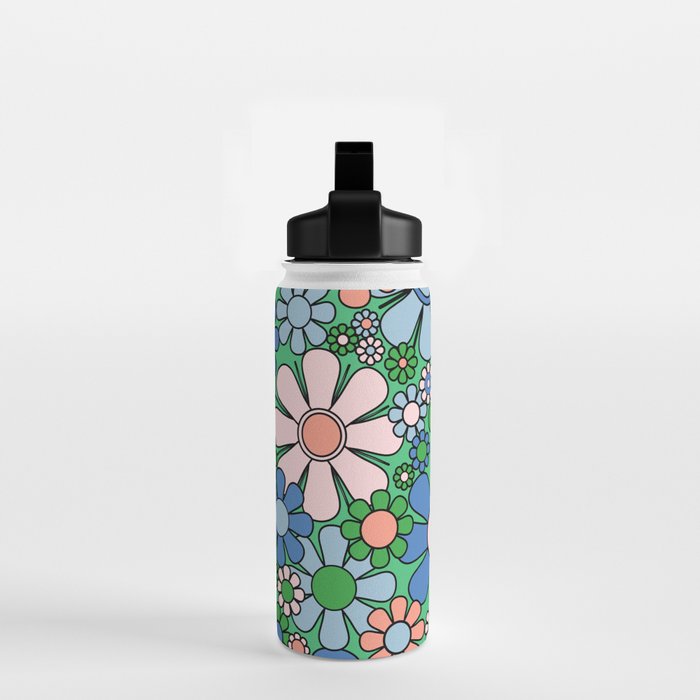 Retro Garden Flowers 60s 70s Floral Pattern in Bright Green Blue Pink Water Bottle Gallery Image 2