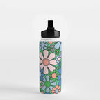 Retro Garden Flowers 60s 70s Floral Pattern in Bright Green Blue Pink Water Bottle Gallery Image 2