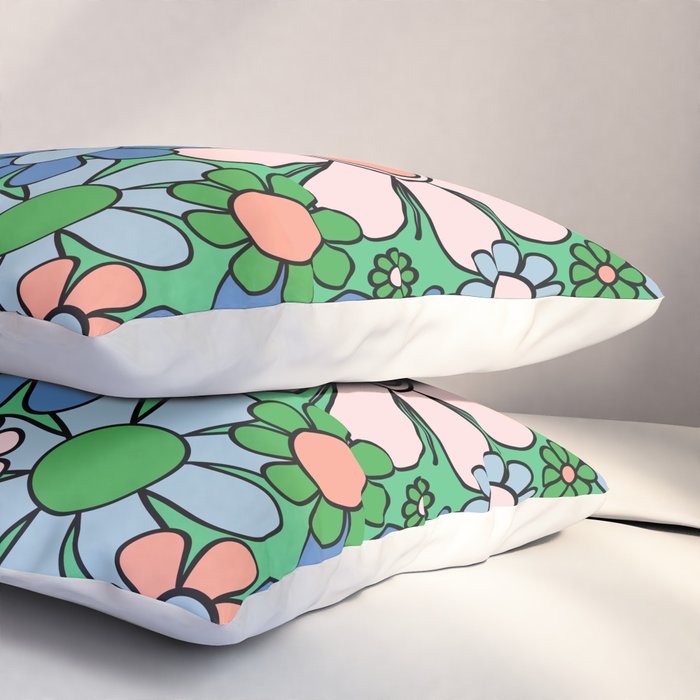 Retro Garden Flowers 60s 70s Floral Pattern in Bright Green Blue Pink Pillow Sham Gallery Image 3