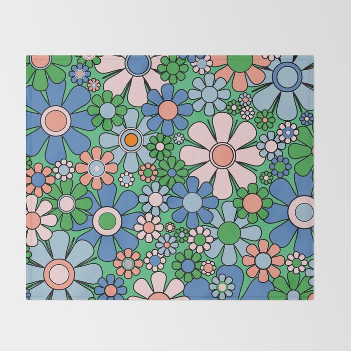 Retro Garden Flowers 60s 70s Floral Pattern in Bright Green Blue Pink Throw Blanket Gallery Image 2