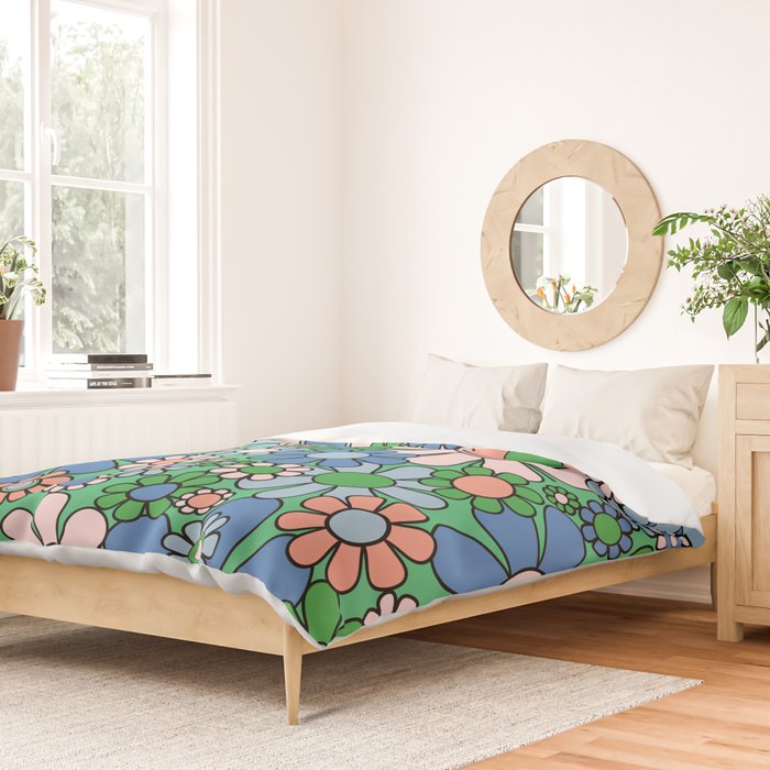 Retro Garden Flowers 60s 70s Floral Pattern in Bright Green Blue Pink Duvet Cover Gallery Image 2