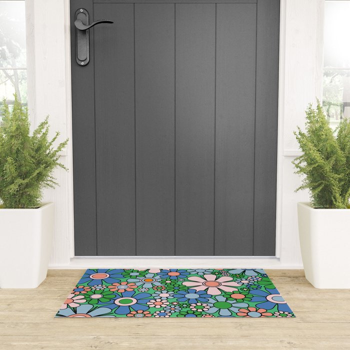Retro Garden Flowers 60s 70s Floral Pattern in Bright Green Blue Pink Welcome Mat Gallery Image 3
