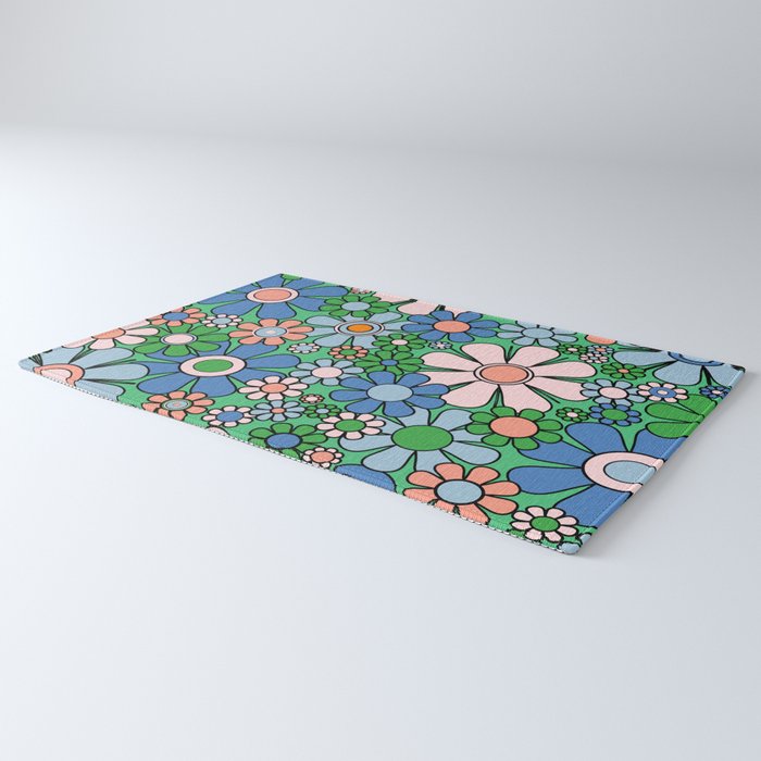 Retro Garden Flowers 60s 70s Floral Pattern in Bright Green Blue Pink Rug Gallery Image 3