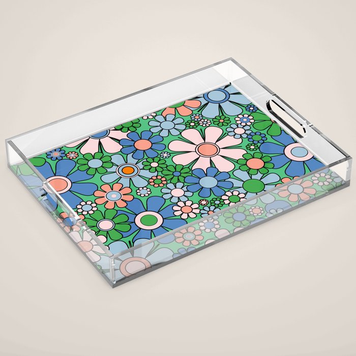 Retro Garden Flowers 60s 70s Floral Pattern in Bright Green Blue Pink Acrylic Tray Gallery Image 1