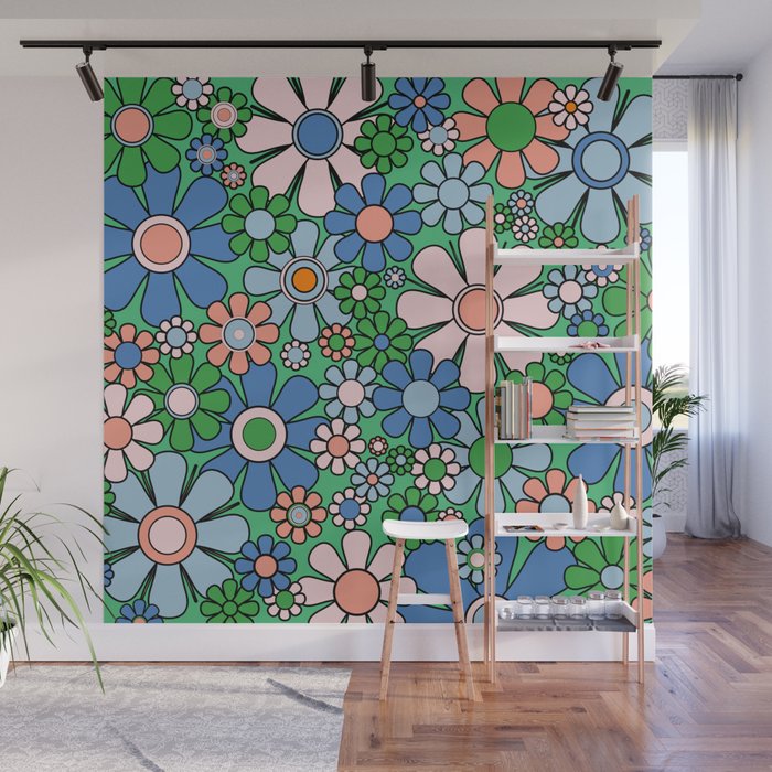 Retro Garden Flowers 60s 70s Floral Pattern in Bright Green Blue Pink Wall Mural Gallery Image 1