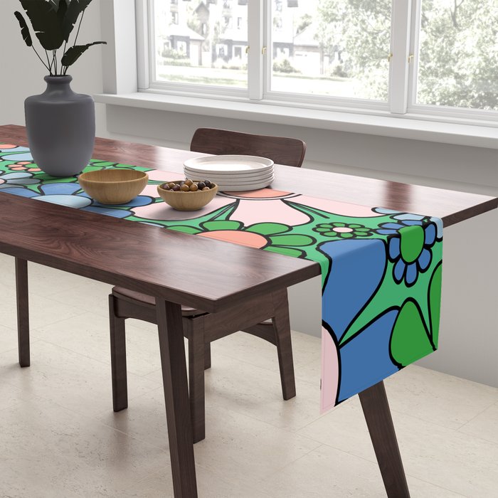 Retro Garden Flowers 60s 70s Floral Pattern in Bright Green Blue Pink Table Runner Gallery Image 2