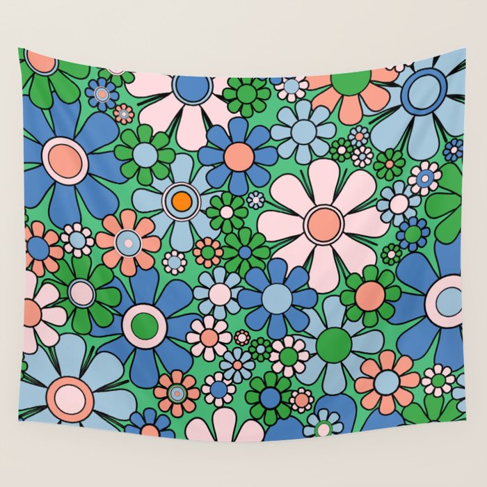 Retro Garden Flowers 60s 70s Floral Pattern in Bright Green Blue Pink Wall Tapestry Gallery Image 4